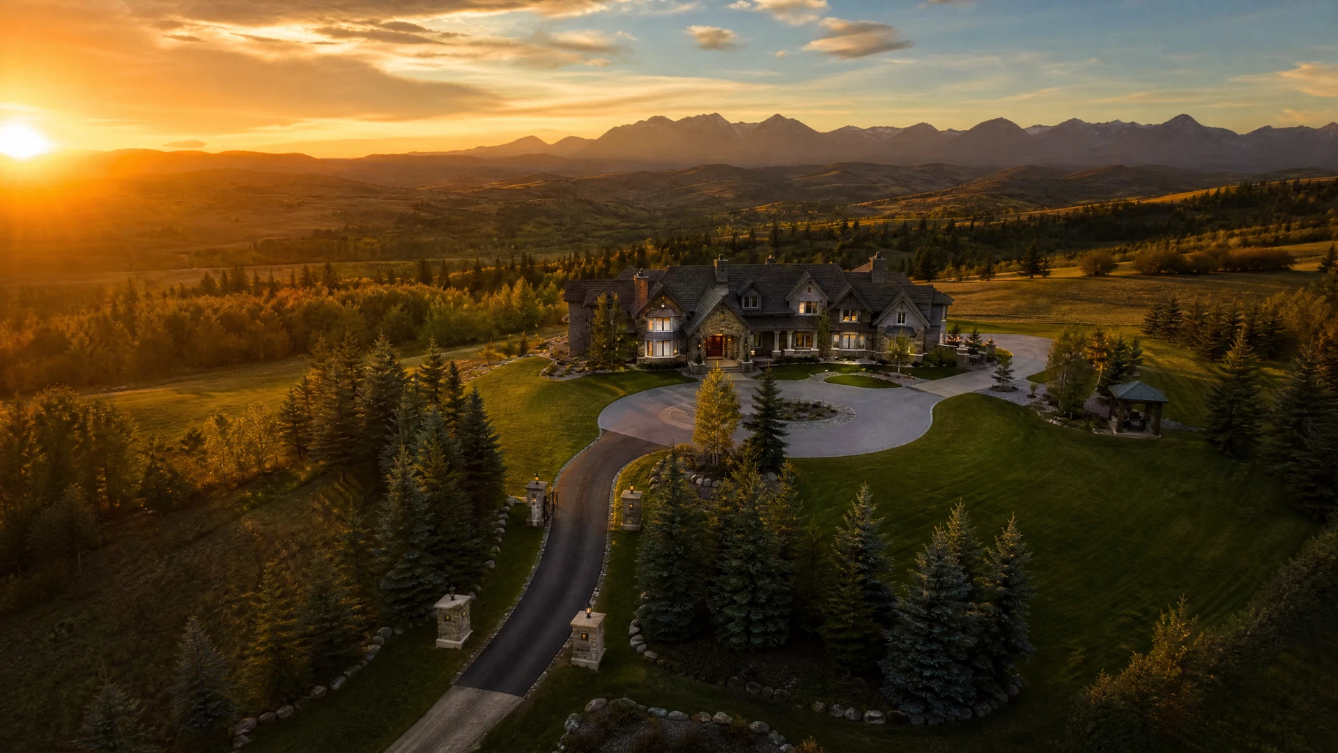 Aerial view of a custom acreage estate at sunset